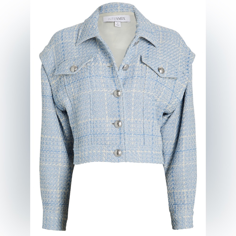 Intermix Alyssa Tweed Cotton Blue Cropped Jacket Size P NWT